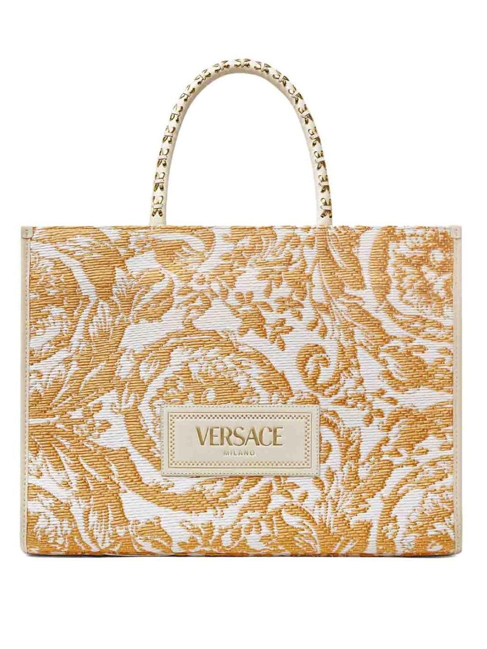 Versace Barocco Athena Large Tote in Gold and White Jacquard